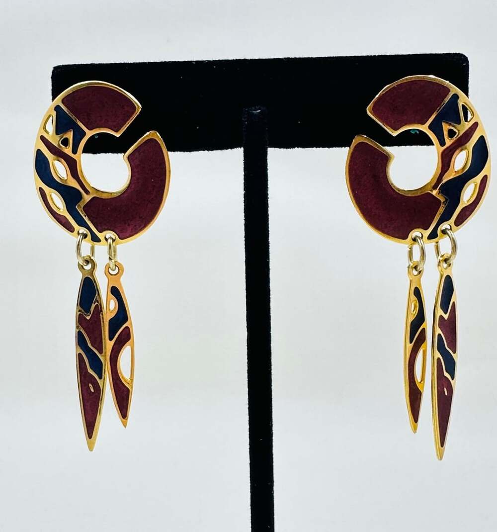 Vintage Edgar Berebi Gold Tone Enamel Half Moon Dangle Earrings